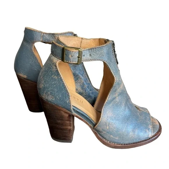 Bed Stu blue Olena zip front peep toe block heels SZ. 6 - Picture 2 of 15